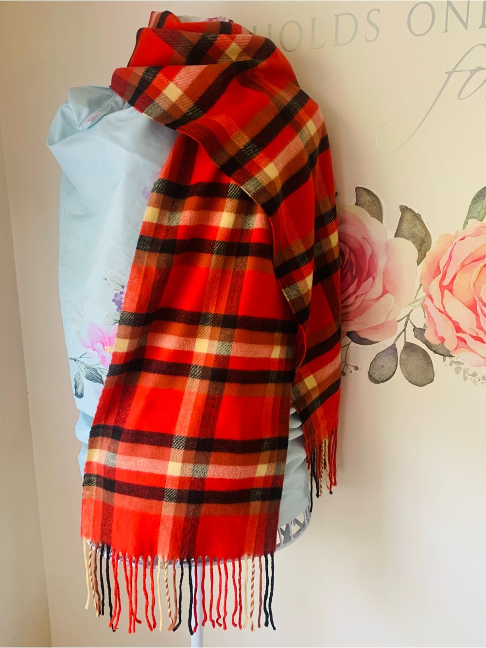 Made in Scotland 100% Cashmere Scarf Plaid  Orange Black Yellow Luxury Wool